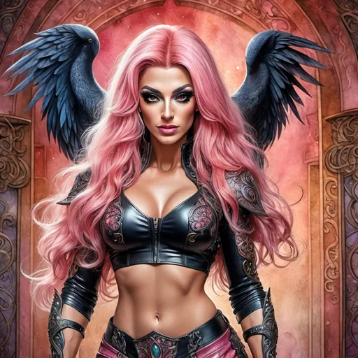 Prompt: A gorgeous ultra-muscular 25-year-old Turkish drag queen bodybuilder with long wavy pink hair wearing form fitting SFW leather armor top and leather skirt in magical room with mythical animals, birds and art by modern fantasy realm artists. inlay, watercolors and ink, beautiful, fantastic view, extremely detailed, intricate, best quality, highest definition, rich colors. intricate beautiful dynamic lighting award winning fantastic view ultra detailed 4K 3D high definition hdr