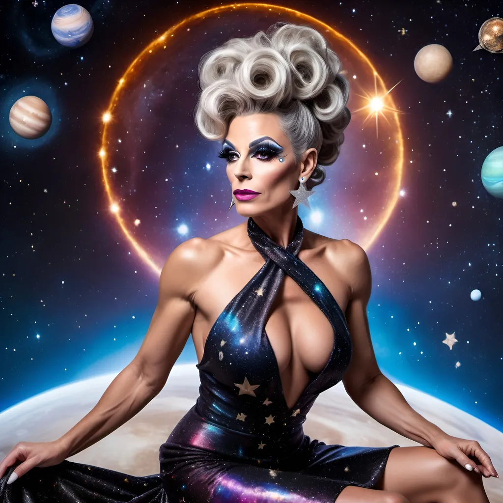 Prompt: Gorgeous muscular 45-year-old French drag queen Goddess with salt and pepper updo hair with stars in her eyes wearing a short flowing star covered halter top gown sitting on a planet looking out into space. Background is the solar system 