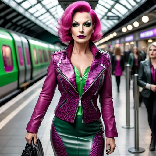 Prompt: photorealistic, (8K), beautiful curvy tall 45-year-old Polish drag queen model, strong masculine jawline and brow, dark eyeshadow and dark lipstick, silver-grey pixie spiked hair, striking green eyes, colorful geometric pattern leather jacket, stylish magenta blouse, herringbone pattern pencil skirt, fashionable boots, elegant leather shoulder bag, crowded London Metro station environment, vibrant atmosphere, high detail, soft lighting, professional photography, urban setting, lifelike representation.