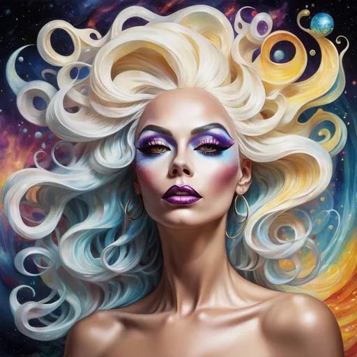 Prompt: Inspired by the quote 'The biggest adventure you can ever take is to live the life of your dreams,' create a surreal portrait of resilience. Depict a being of light, composed of swirling, luminous energy, rising from a chaotic yet beautiful cosmic landscape. This drag queen, a symbol of hope and strength, reaches towards a radiant source of light, their form echoing the intricate patterns and fractals of the universe. The artwork should evoke a sense of both intimacy and vastness, with a color palette of warm, glowing hues like gold, peach, and soft blues. Emphasize detailed textures and patterns, such as swirling clouds, intricate filigree, and cosmic dust. The lighting should create a soft, ethereal glow emanating from the being of light, conveying a sense of hope and renewal.
