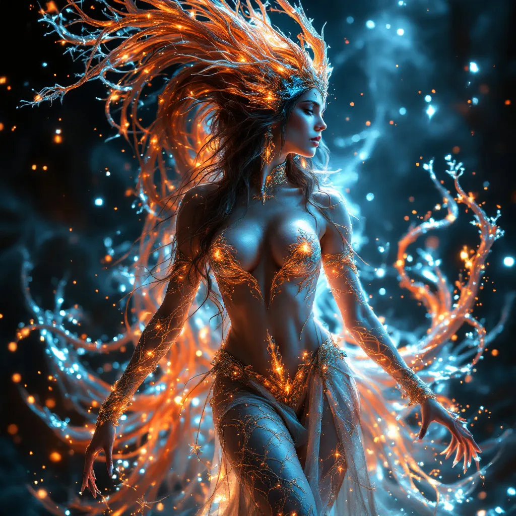 Prompt: HD 4k 3D 8k professional full-length modeling photo hyper realistic gorgeous ultra-muscular 28-year-old Fire and Ice Gypsy Princess of Carpia, ethereal greek goddess, full body surrounded by ambient glow, enchanted, magical, highly detailed, intricate, highly realistic woman, high fantasy background, Romanian dragon woman, elegant, mythical, surreal lighting, majestic, goddesslike aura, Annie Leibovitz style 

