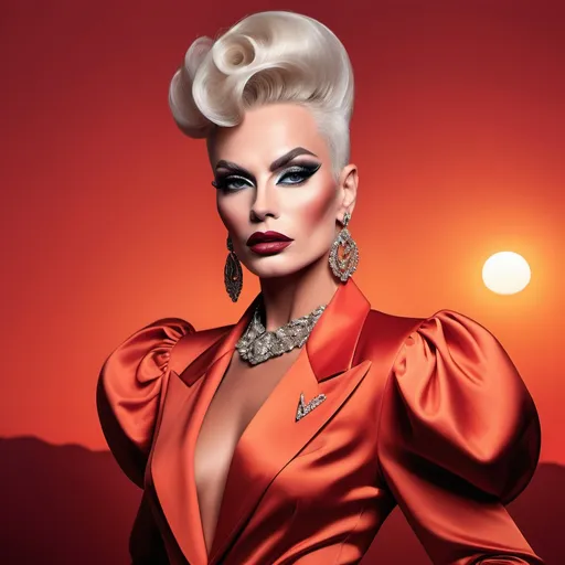 Prompt: A mesmerizing portrait graces the cover of an elite fashion magazine, capturing the essence of high-end sophistication. Set against a sunset-red backdrop, the gorgeous, muscular, Hungarian drag queen (slight masculine jawline and brow features), model exudes confidence and allure, adorned in exquisite fashion garments that epitomize elegance and class. This breathtaking image transcends traditional notions of style, embodying an innovative vision of haute couture that pushes the boundaries of modern aesthetics.