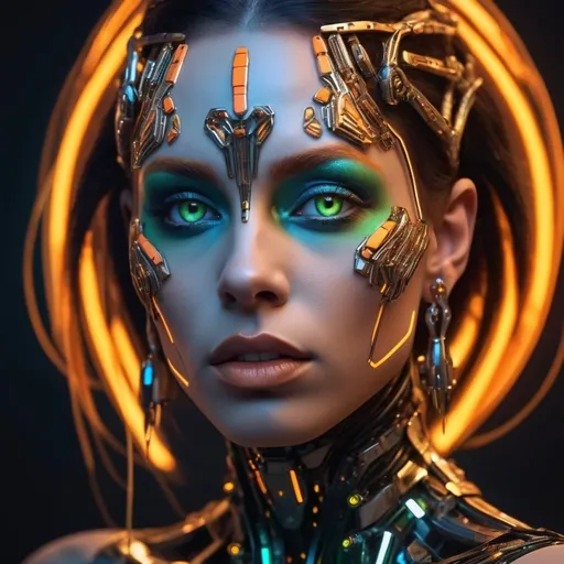 Prompt: A hyper-realistic portrait of a futuristic muscular cybernetic drag queen whose face is symmetrically divided into a glowing, biomechanical side and a human, expressive side. The cybernetic side is composed of intricate gold and orange circuitry with shards and glowing fragments, while the human side features soft skin with subtle highlights reflecting blue ambient light. The black background is a soft blur of a few neon orange and blue-green lights, creating a cinematic high-tech atmosphere. The composition emphasises her piercing green eyes and the detailed textures of skin and metal. The lighting is a dynamic mix of warm and cool tones, adding depth and drama to the scene. The mood is mysterious and ethereal, evoking both humanity and technological transcendence. Highly detailed, photorealistic rendering with an emphasis on depth of field and reflective surfaces.