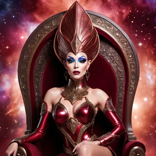 Prompt: Gorgeous alien drag queen in dark red and Bronze armir and 8 inch stiletto high heels. Posing in her throne room with a vision of the galaxy behind her.