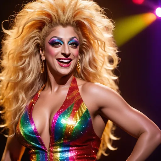 Prompt: Rodney Dangerfield dressed up as a gorgeous ultra-muscular 25-year-old drag queen Shakira performing on stage.