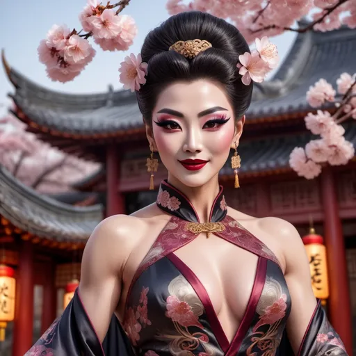 Prompt: (Chinese drag queen bodybuilder), elegant pose, delicate features, dark eyeshadow, dark lipstick, softly smiling expression, flowing traditional dress with intricate patterns, lush silk fabric, warm glowing light, serene atmosphere, cultural background elements such as cherry blossoms and ancient architecture, ultra-detailed, high quality, 4K resolution.