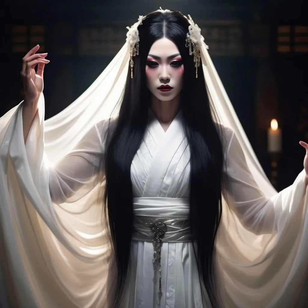 Prompt: A gorgeous, very muscular Japanese ghost drag queen, long black hair combed before her chest, wearing a white traditional Japanese burial dress,