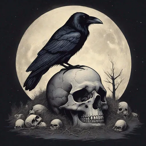 Prompt: A raven sitting atop a human skull lit by moonlight.