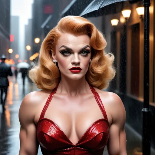 Prompt: James Cagney dress as A hyper realistic flawless 25-year-old gorgeous Austrian drag queen bodybuilder with strawberry-blonde hair walking the streets as a classy debutante on a dark and rainy night. Heavy eye makeup. Dark red lipstick.