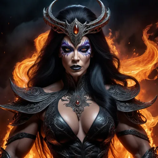 Prompt: In a stunningly detailed 8K cinematic painting, a malevolent drag queen enchantress bodybuilder exudes power and malice through her fiery eyes in a high fantasy realm. Her dark sorcery mastery is evident in her regal yet ominous presence, with flowing ebony hair and intricate, sinister attire that accentuates her commanding presence. The photorealistic depiction captures every intricate detail, from the intricate patterns on her robes to the eerie glow of her magical aura, drawing viewers into a realm of dark and dangerous beauty.