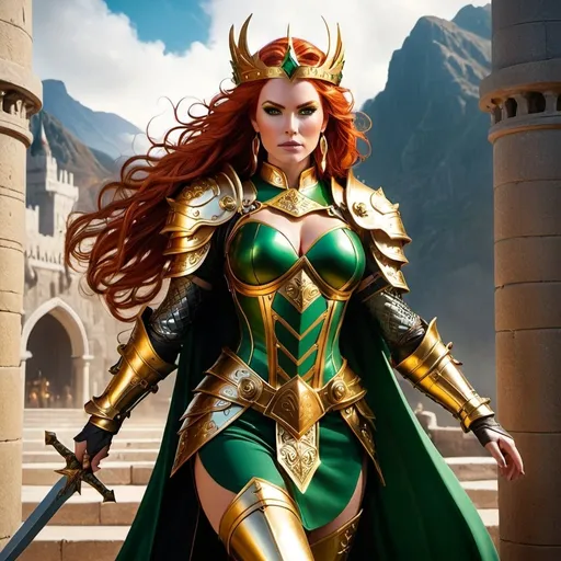 Prompt: Create a highly detailed and stylized full body photograp of a powerful 45 years old fantasy warrior woman with long red hair and captivating green eyes, standing confidently in her majestic golden armor with 8 inch stiletto high heel armored boots, Incorporate Artgerm's signature intricate designs and details into her ornate armor, including a breastplate and shoulder guards that highlight her nobility and strength.
Adorn her with a striking golden crown featuring pointed, horn-like extensions and large, matching gold earrings that enhance her regal appearance. Set the 45 years old woman against a breathtaking, rugged, mountainous landscape with ancient, majestic buildings in the distance, adding a sense of grandeur and epic scale to the scene.
Draw inspiration from artists such as Artgerm, Julie Bell, Beeple, and Aly Fell, combining their styles to create a unique and visually stunning photograph. Ensure high detail and meticulous rendering of her facial features, hair, armor, and the fantasy environment, capturing the essence of a formidable warrior queen who commands attention and admiration in a mystical, otherworldly setting. Full length,  fullbody. 