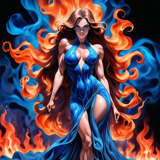 Prompt: Gorgeous ultra-muscular 25-year-old Swedish drag queen bodybuilder dancing on blue flame, silhouette, lava, long flowing blue flame gown, huge busom, long wavy fiery hair, long muscular legs, very muscular dancing female, mystical background,