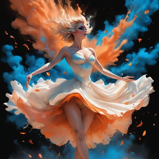 Prompt: Happy gorgeous ultra-muscular Floridian drag queen dancing, ballet jump, swinging white dress, background composed of colored smoke: beautiful orange colour palette. Subtle ethereal fantasy, complementary colors: blue and black. Golden speckles and rose petals all over. by Carne Griffiths, Victo Ngai, Jean Baptiste Monge, ultra-detailed, intricate, a masterpiece, vibrant, cinematic, perfect composition, spectacular lighting, digital painting, trending on Artstation, concept art, soft focus