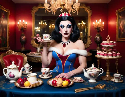 Prompt: If Snow White was a gorgeous hyper-muscular 25-year-old drag queen bodybuilder with Dark eye makeup and dark lipstick. Wearing 8 inch stiletto high heel shoes. Having a tea party.