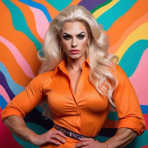 Prompt: a gorgeous muscular 25-year-old Hungarian drag queen (very strong masculine jawline and brow features) bodybuilder with platinum blonde wavy hair, wearing an oversized orange shirt posing for a picture with her legs crossed and her hand on her head, Anna Katharina Block, kitsch movement, colourful, a pop art painting