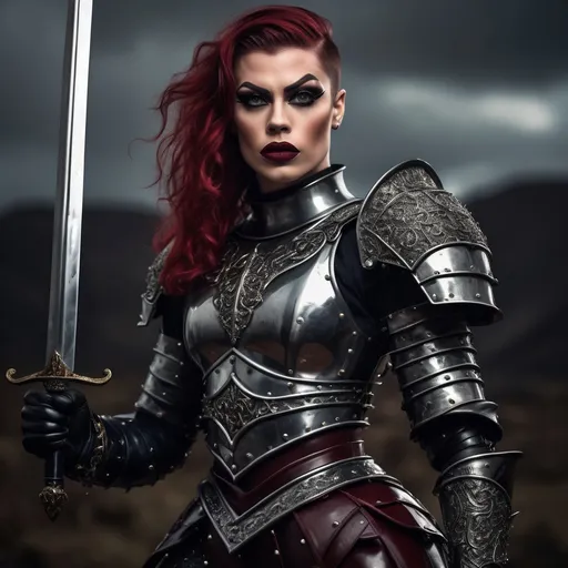 Prompt: A gorgeous muscular 25-year-old British drag queen (medieval knight), (black armor), gripping sword in hand, fierce expression (strong masculine jawline and brow features), dramatic pose, intricate armor details, dark and moody color palette, dark eyeshadow and dark red lipstick, cinematic lighting, highly detailed, stormy background, strong and powerful presence, evokes a sense of bravery and strength, captivating and intense atmosphere, ultra-detailed, 4K resolution, ready for battle. Full body view