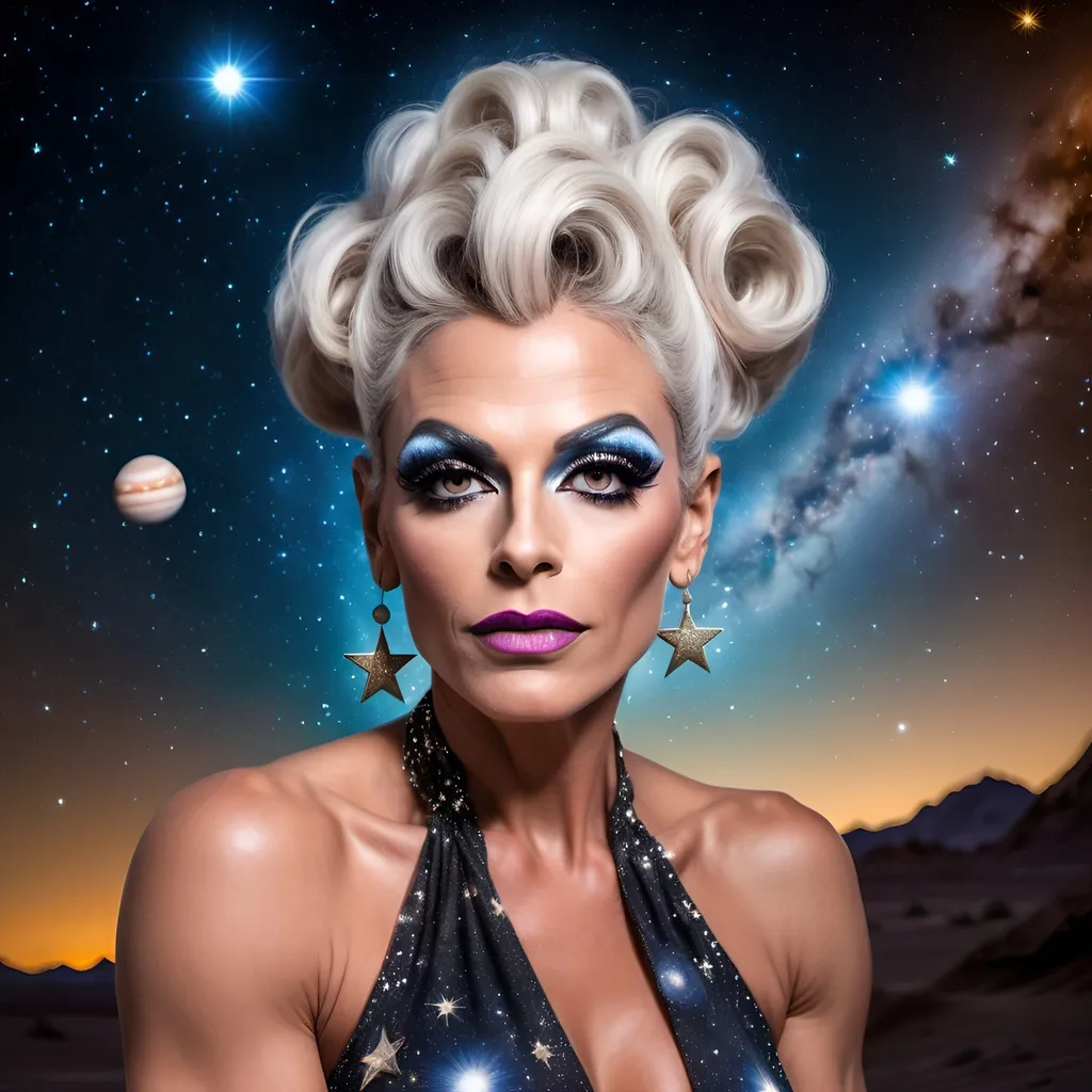 Prompt: Gorgeous muscular 45-year-old French drag queen Goddess with salt and pepper updo hair with stars in her eyes wearing a short flowing star covered halter top gown sitting on a planet looking out into space. Background is the solar system 