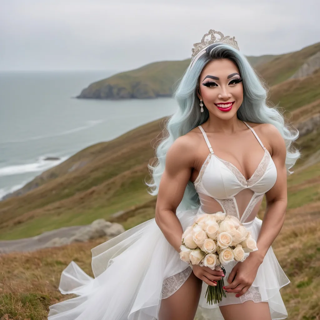 Prompt: Cute and glamorous 20-something Eurasian drag queen bodybuilder, very beautiful,
During a photoshoot wearing a sheer mini wedding dress, garter belt, and stiletto high heels
Hairband on her head
Smiling expression
Outfit that emphasizes her glamorous body
Large busom 
Holding a small bouquet in one hand.
Taking a photo on a windy seaside hill.
Skirt and veil blowing in the wind
Sitting on a bench with her muscular legs slightly spread
Thighs visible
Wearing a garter belt
