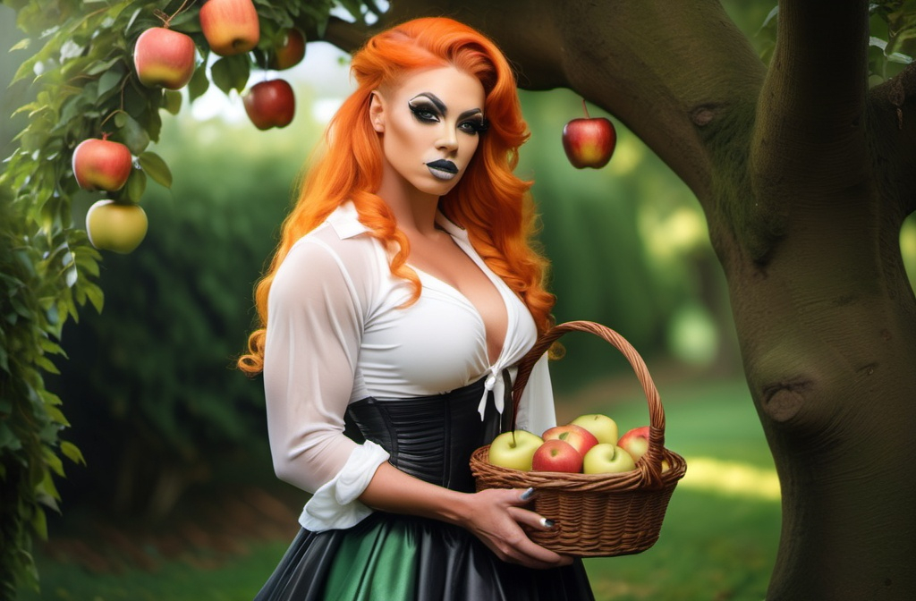 Prompt: 4k image, A serene image featuring a gorgeous ultra-muscular 25-year-old medeival drag queen bodybuilder with orange hair standing by a tree in a medeival attire, consisting of a white blouse, green shawl, and black skirt, holding a wicker basket with apples inside, set against lush greenery with a soft, dreamy quality.  we see a medeival village in the background and sunrise in the far back, Michelangelo's style, Digital Image