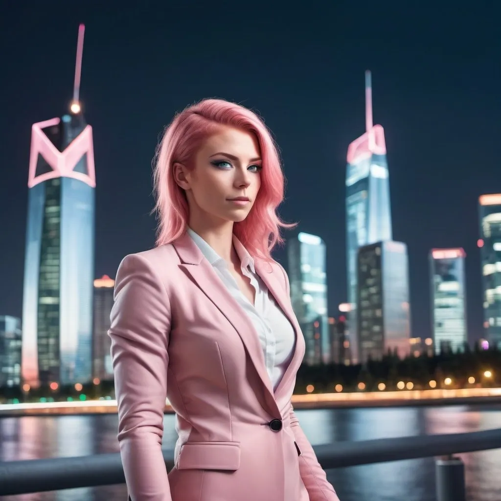 Prompt: Create a cool picture of a Gorgeous ultra-muscular 25-year-old Finnish pink-haired businesswoman  in front of a city skyline with futuristic lighting.