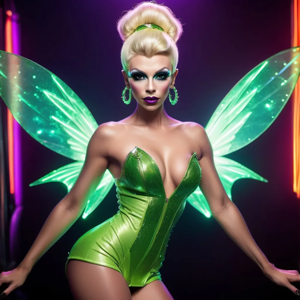 Prompt: If Tinkerbell was a gorgeous hyper-muscular 25-year-old drag queen bodybuilder with Dark eye makeup and dark lipstick. Wearing 8 inch stiletto high heel shoes.