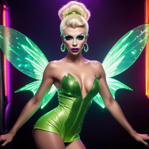 Prompt: If Tinkerbell was a gorgeous hyper-muscular 25-year-old drag queen bodybuilder with Dark eye makeup and dark lipstick. Wearing 8 inch stiletto high heel shoes.