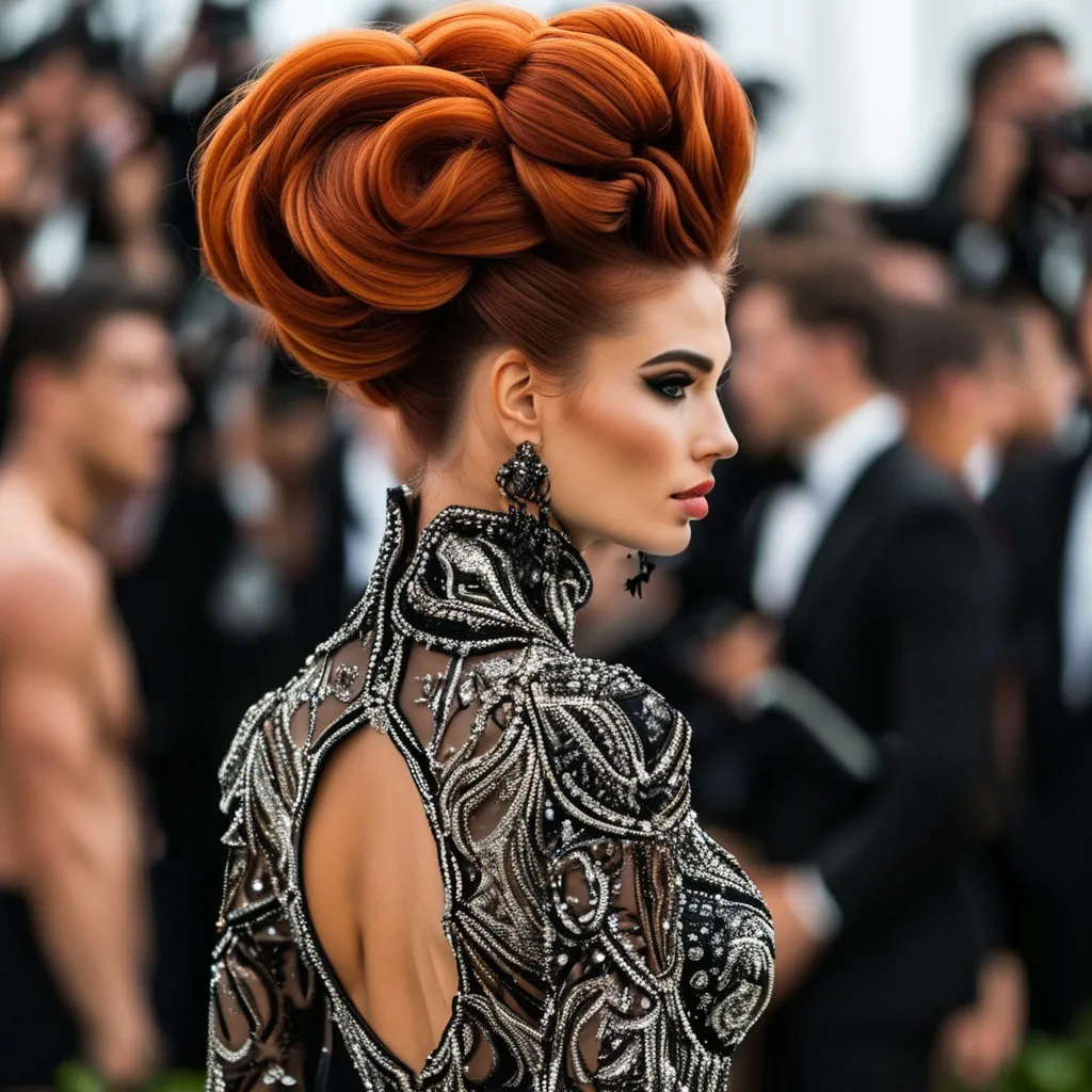 Prompt: Glamour photography of Gorgeous ultra-muscular 35-year-old (Caucasian) Swedish bodybuilder with a huge busom, and ridiculously long wavy dark red tight updo hair on the Met Gala steps in New York wearing designer black and silver gown with long train, intricate details, glitter and jewels, posed 3/4 turn standing, smile, in the style of Guy Aroch