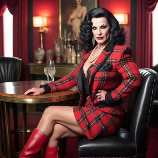 Prompt: Sophisticated art deco lounge, elegant gorgeous muscular 45-year-old French drag queen bodybuilder with large busom, muscular figure,  long curly black hair,  red plaid tweed jacket, red blouse, red pencil skirt, black 6 inch stiletto high heel boots, crowded scene, subtle smile, high-res photo, plump buxom physique, art deco, elegant, detailed facial features, realistic, sophisticated, busy setting, vibrant colors, professional photography