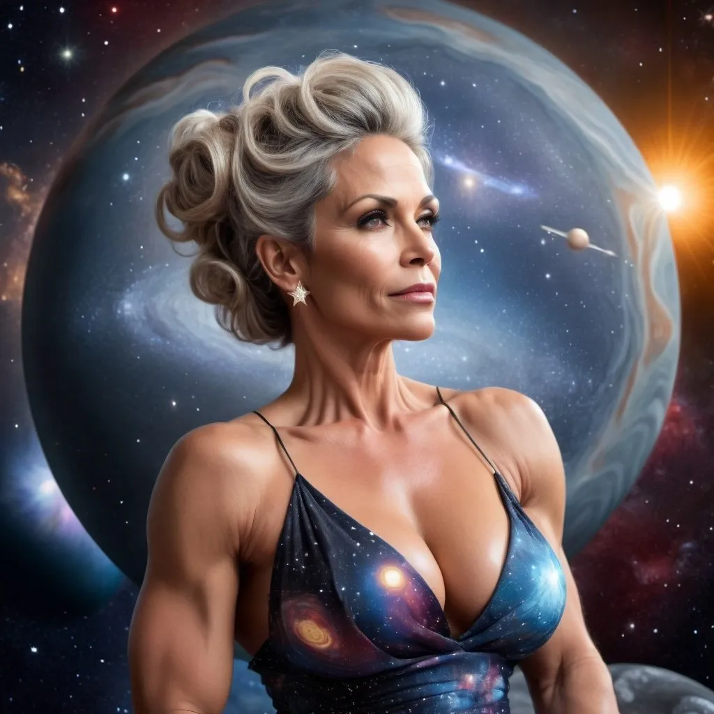 Prompt: Gorgeous muscular 45 year old Goddess with a huge busom, salt and pepper updo hair wearing a short flowing star covered gown sitting on a planet looking out into space. Background is the solar system 