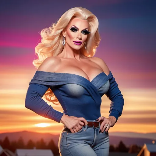 Prompt: Fantastic, flamboyant, very muscular, 35-year-old caucasian drag queen with large busom dressed in jeans and off the shoulder sweater. Hyper-realistic quality. Sunset background. 