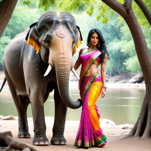 Prompt: Indian elephant wraps his trunk around a gorgeous, extremely muscular, 45 year old Indian goddess wearing a colorful sari and 8 inch stiletto high heel shoes. River, trees,