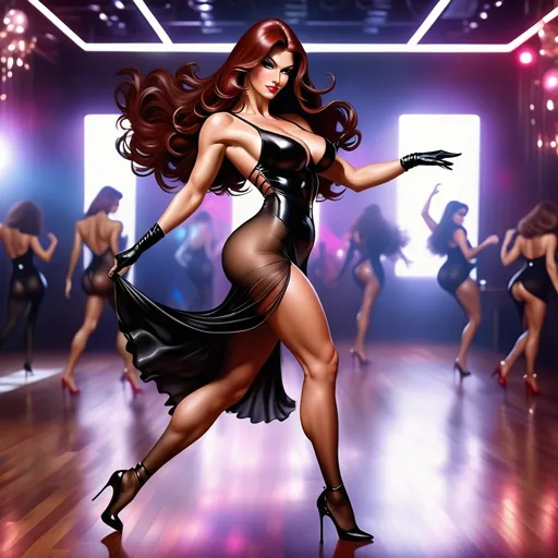 Prompt: Gorgeous ultra-muscular 25-year-old Czechian goddess bodybuilder, dancing in stockings on the dancing floor, ridiculously long wavy dark red hair, huge busom, long muscular legs, 8 inch stiletto high heel shoes, sheer black dress (((twirling up))),  transparent, Flirty expression, 80s disco style, action pose, stop-motion, hyper realistic photography