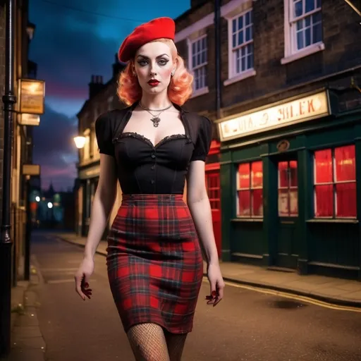 Prompt: (surrealism style mid waist portrait ), vibrant color scheme, (1941 London), shadowy streets at night, mid waist portrait of gorgeous muscular 25-year-old British drag queen in short red plaid dress, black fishnets, and red beret (masculine jawline 
and brow facial features) outside a quaint pub, search lights streaking through a tumultuous sky, vivid explosions lighting the dark atmosphere, bombed and ruined structures surrounding the scene, (dramatic), chaotic ambiance, high contrast between shadow and colorful explosions, (ultra-detailed), evocative imagery, sense of urgency and dread.