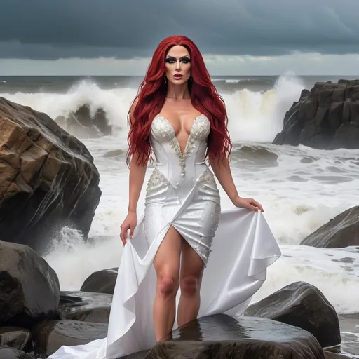 Prompt: A glamorous, gorgeous,  muscular 25-year-old Czechian drag queen with very long dark red hair, standing on a rock on the beach with waves crashing down on her, 
She is wearing a mini wedding dress and is soaking wet.
rainy weather, Wet face, Wet hair, water flowing from her body.
full body shot, hyper detailed, ultra realistic, highly detailed, surreal heavy mist, AI defined exquisitely beautiful, totally ultra realistic, gorgeously detailed, perfect body proportions, pale, ultra glamorous, perfect shading, impeccable contrast, HDR, UHD, high res, 64k