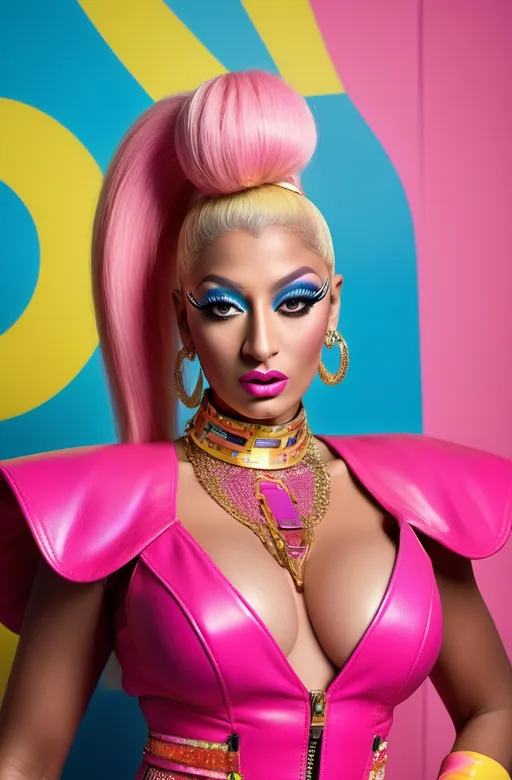 Prompt: Rodney Dangerfield dressed up as Nicki Minaj, dressed in a (bold 80s glam rock Balmain outfit), vibrant colors, high wattage (dramatic makeup), striking accessories, playful pose, heavy makeup,  luxurious textures, glamorous lighting, retro vibes, bold style, intricate patterns, (highly detailed), vibrant backdrop, mood of confidence and empowerment, ultra-detailed, 4K quality.