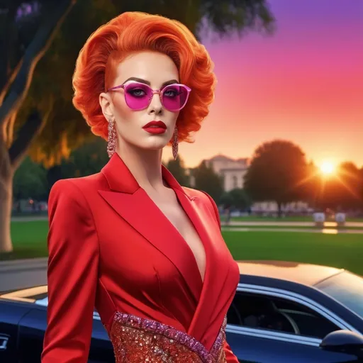 Prompt: Digital art of a beautiful drag queen (very strong masculine jawline and brow features) with red hair, stunning eyes, wearing stylish red glasses, colorful calf-length dress, 6 inch stiletto high heel shoes, sunset at a beautiful park, high quality, digital painting, vibrant colors, detailed eyes, romantic atmosphere