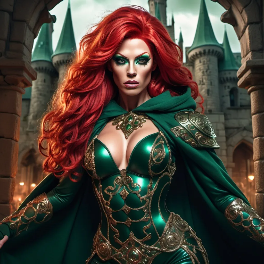 Prompt: a bright red haired, muscular,  drag queen rogue, in a dark green hooded clothes with ornaments, dynamic full body pose,A surreal, dreamlike scene .This stunning image captures the essence of a powerful character, rendered in intricate detail and  the meticulous depiction of flowing hair, intricate armor, and determined expression. An old castle in backgraund