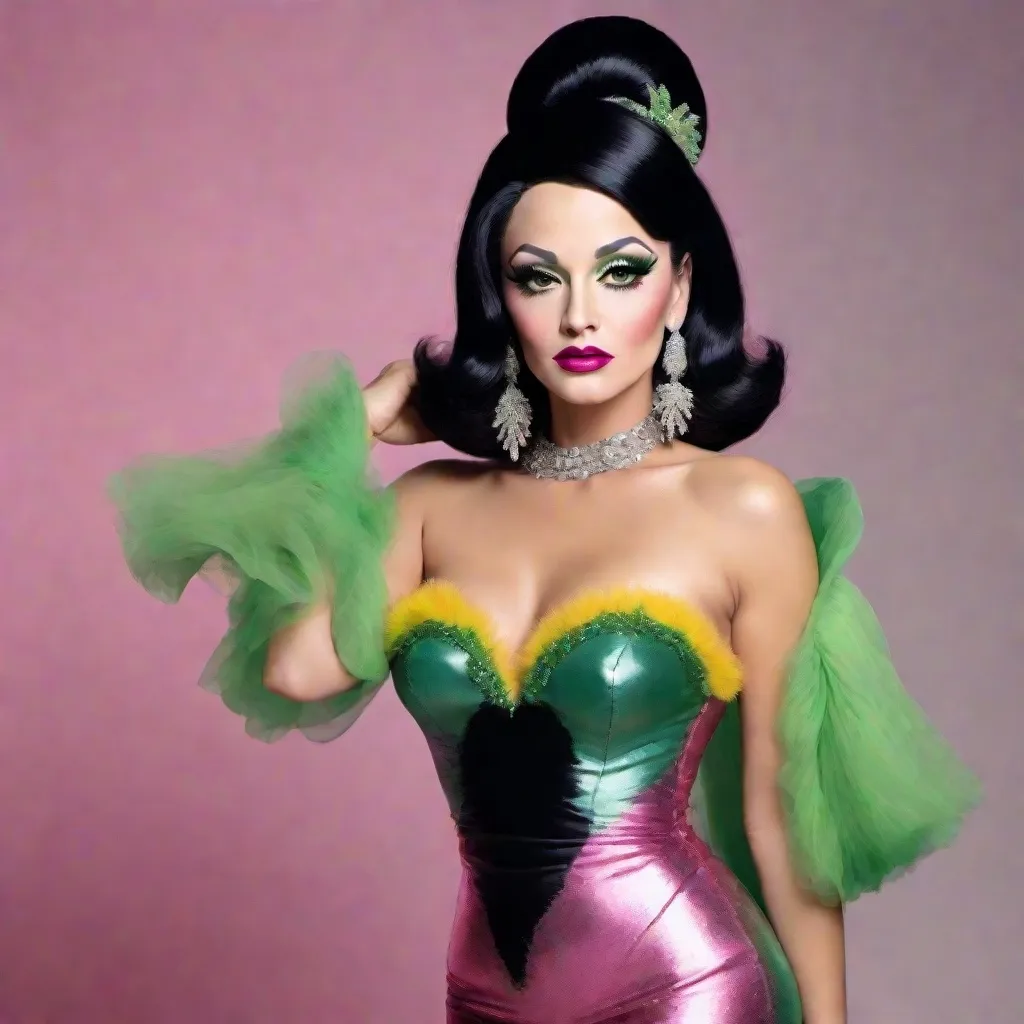 Prompt: image of Sal Mineo dressed as a gorgeous 35-year-old (((full figured))) Czechian drag queen with very long professionally styled silver & black hair, wearing a flamboyant, yet conservative pink yellow and green Bob Mackie designer Gown, heavy eye makeup,  dark red lipstick, posing in a smokey Cabaret. hyper-realistic quality, ultra-detailed 4K imagery.