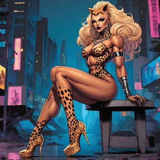 Prompt: Gorgeous muscular cyberpunk drag queen (DC Comics') Cheetah, great legs, crystal high heels,  dark lipstick.