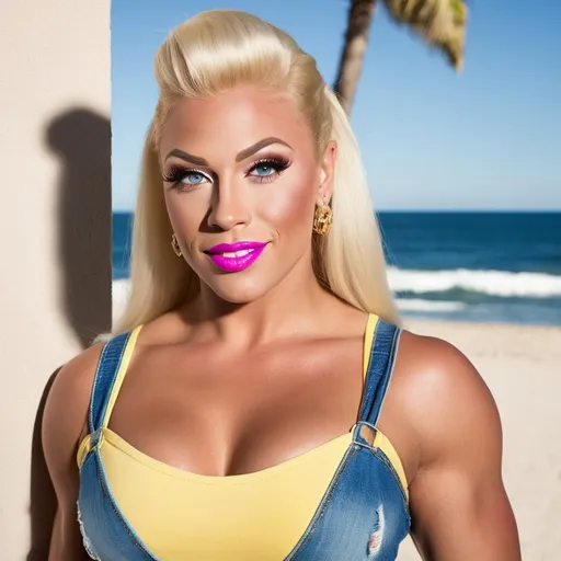 Prompt: Strikingly beautiful ultra-muscular 25-year-old suntanned Latvian drag queen bodybuilder, (flawless round face), (ice-blue eyes), (silky **pink-tinted** blonde hair), (knotted **yellow** tee), (cut-off blue denim shorts), (8 inch stiletto high heel shoes), emphasizing her (lush curvy busomy figure), dark eye shadow, dark red lipstick, warm smile, standing next to a stucco wall, (ocean and beach backdrop), bathed in golden light, (high-res), (photorealistic), (professional photography), soft focus background, serene summer ocean front vibe, capturing her captivating beauty and soft features.