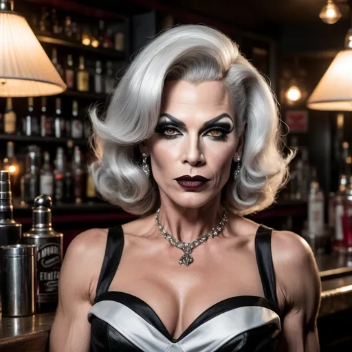 Prompt: Gorgeous muscular 45-year-old femme fatale drag queen with graying hair (strong masculine jawline and brow) in a dimly lit gritty bar, (1950s noir aesthetics), leaning against the bar, wearing a sleek black & white cocktail dress, dark eyeshadow, dark lipstick, (holding a lit cigarette), wisps of smoke drifting, dramatic shadows, atmospheric ambiance, (high detail) & (cinematic quality), 8K resolution, hooded incandescent lamp spotlighting her hauntingly beautiful appearance, evokes tension and allure, capturing the essence of classic noir photography.