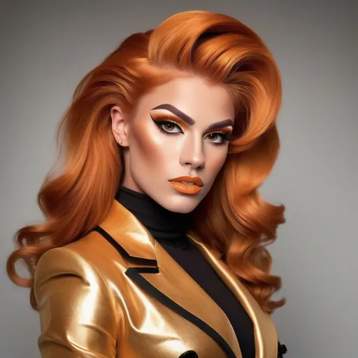 Prompt: "A gorgeous muscular 18-year-old Austrian drag queen with striking orange hair and brown eyes that shimmer with a golden hue. She has a sharp, regal face (strong masculine jaw and brow) and an air of authority. Known as the 'Golden Dutchess,' she is tall and muscular, exuding confidence and refinement. Dressed in a tailored noble coat with intricate detailing, she stands in a grand hall, her demeanor poised yet guarded, hinting at a troubled past beneath her polished exterior."