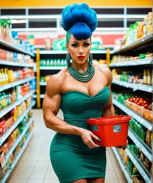 Prompt: Gorgeous ultra-muscular 25-year-old Czechian goddess bodybuilder with huge busom, blue hair in a tall beehive hairstyle and wearing a tube-style green dress, orange 8 inch stiletto high heel shoes, and a red pearl necklace.  Walking through a grocery store. Composition focus on blue beehive hairstyle.