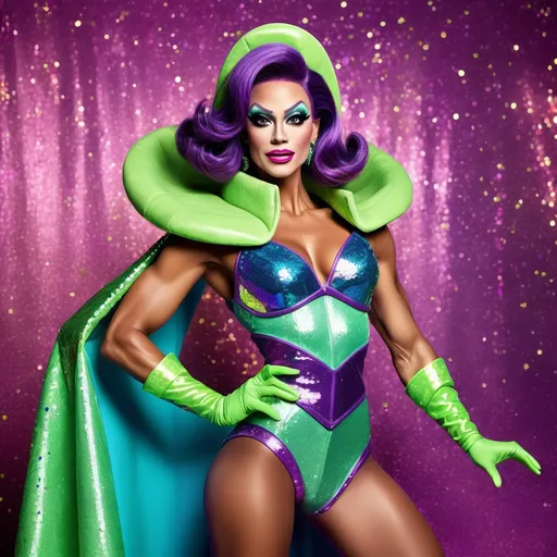 Prompt: If Buzz Lightyear was a gorgeous supermodel drag queen (full length photo) with long muscular legs and a very muscular physique