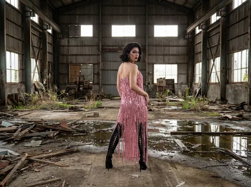 Prompt: Full shot of a 35-year-old Japanese drag queen, with dark eyeshadow,  heavy mascara, and burgundy lipstick, stands at the center of an expansive, dilapidated industrial space, facing the camera. She showcases a stunning pink dress from both front and back. The vibrant garment features intricate fringe detailing that cascades gracefully, drawing the eye to its playful movement. A deep neckline and an open back highlight elegance and glamour, while delicate thin straps enhance the dress’s refined aesthetic. She pairs the dress with 6 inch stiletto thigh-high lace-up high heel boots, adding a bold, edgy contrast to the shimmering elegance of the outfit.
The industrial background sprawls around her, littered with debris—broken wooden planks, scraps of metal, and shards of glass that speak to years of neglect. The ground, a murky mix of dirt and stagnant water, reflects patches of dim light as the early morning sun filters through the hazy air, casting a muted glow on the crumbling structures. Weeds and wild grass push through cracks, reclaiming the space with defiant greenery, while rusted remnants loom in the misted distance. The haunting stillness of the scene contrasts with the vibrancy and movement of her outfit, creating a striking narrative of elegance amidst decay. Her confident pose and poised expression bring the ensemble to life, emphasizing its dynamic charm from every angle.