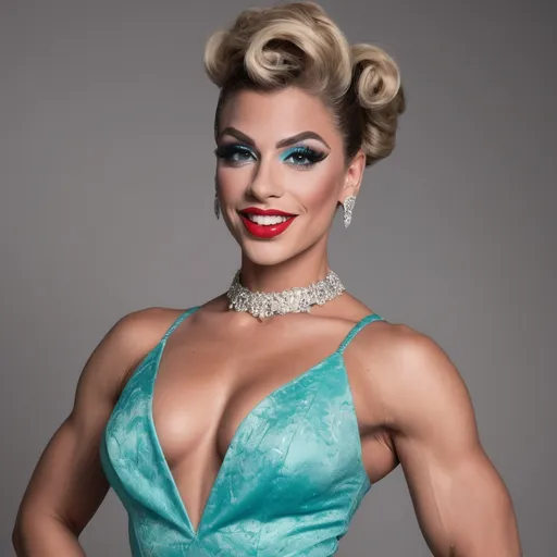 Prompt: Front view, half-body shot, portraiture of a beautiful stylish 25-year-old French drag queen bodybuilder (((with very strong masculine jawline and brow))), with big busom and long dark blonde updo hair style smiling sweetly, bright hazel colored eyes, professional dark eye make up and lipstick, dressed in laced Aqua satin evening dress, perfect muscular body, relax pose, jovial mode, luxurious gold accessories, warm romantic ambience, glittering romantic pendant chandeliers, bokeh effects, lens flare, intricate details, HDR, beautifully shot, hyperrealistic, sharp focus, 64 megapixels, perfect composition, high contrast, cinematic, atmospheric, moody, ISO400, shots made by professional Hassleblad professional lens, no errors at all