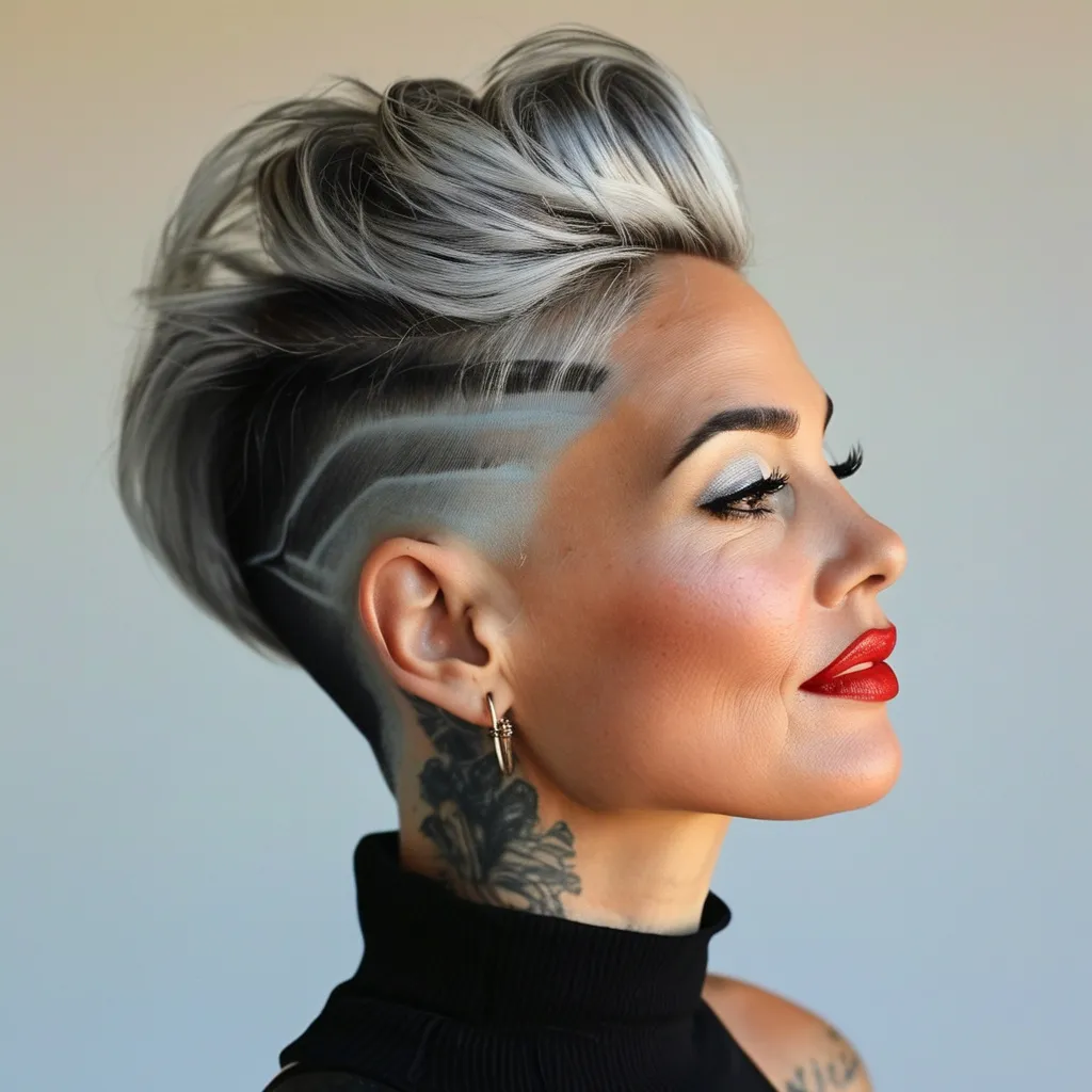 Prompt: side buzzed fade longer updo top cut with a silver and black trendy moehawk, hair cut sample, fashion magazine, high focus on trendy hairstyle, gorgeous 50-year-old Finnish drag queen bodybuilder model with thick eyeshadow and dark red lipstick, flirty, confident smile --ar 9:16 --v 6.0