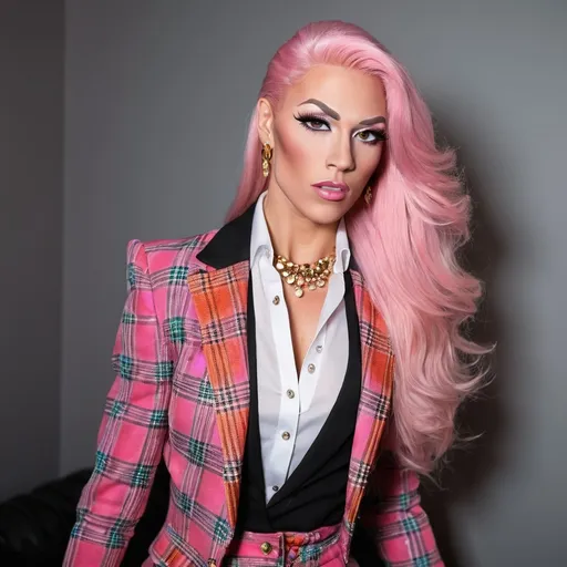 Prompt: Professional head to feet profile of a gorgeous ultra-muscular 25-year-old Finnish drag queen bodybuilder, intricate diamond face, very long straight shiny pink hair, arched eyebrows, button nose, intricate makeup, gold jewelry, multicolored blazer, white blouse, pleated black tartan skirt, 8 inch stiletto high heel shoes, high-res photo, detailed, realistic, professional, head to waist, vibrant colors, intricate details, high quality, indoor photo, warm light, shoulders turned away from camera, head tilted, dynamic pose