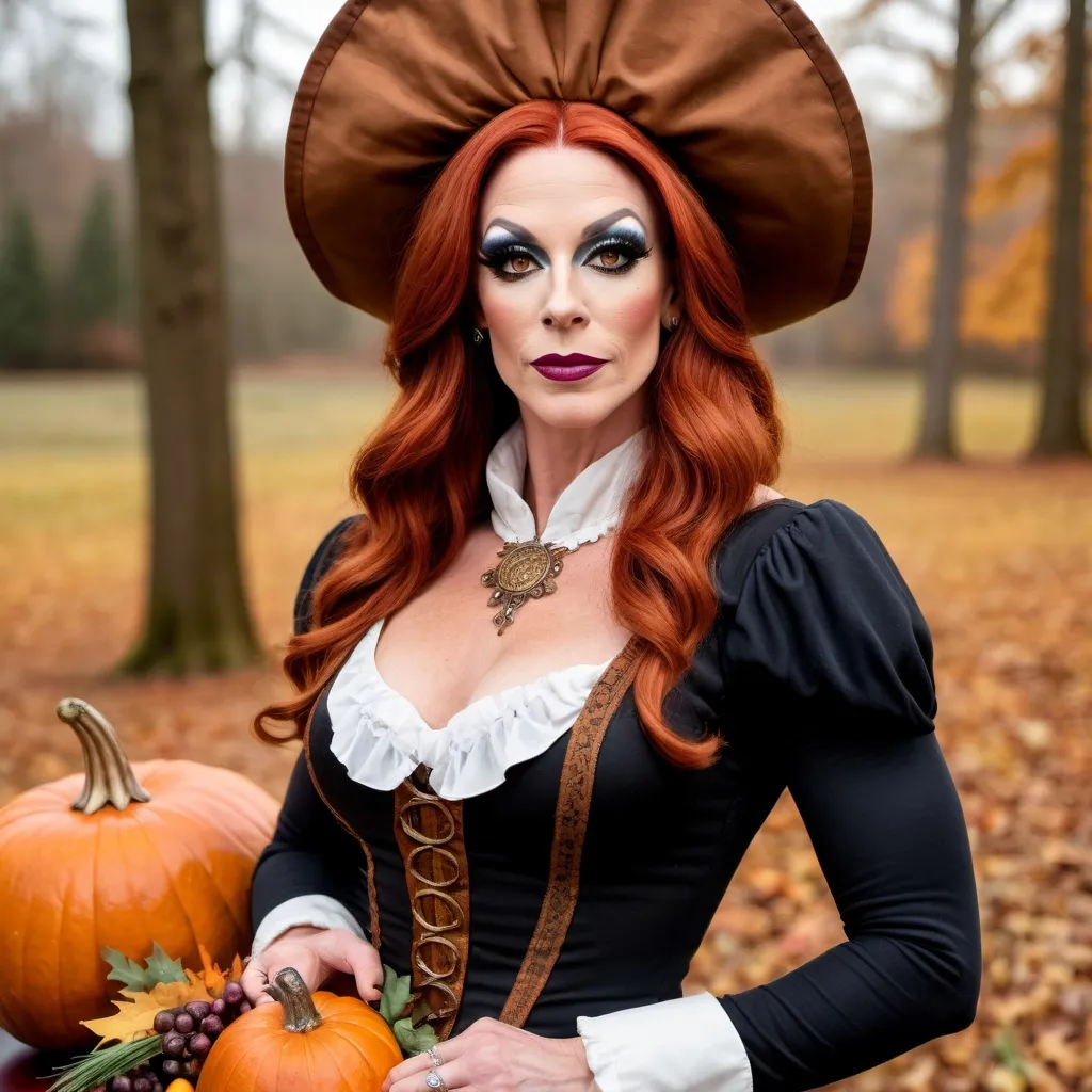 Prompt: Gorgeous muscular 35-year-old British drag queen pilgrim with auburn hair dress in Pilgrim attire and posing at the very first Thanksgiving.