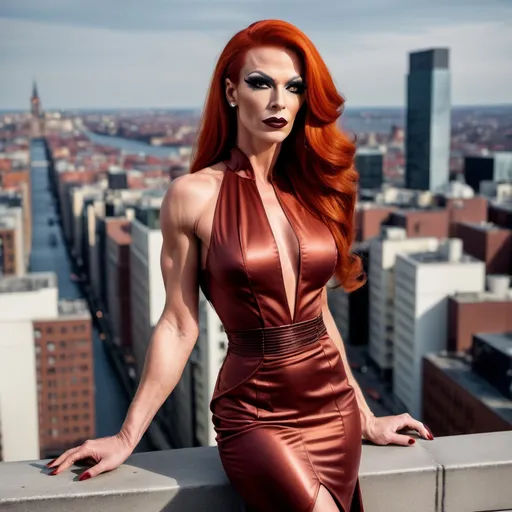 Prompt: Gorgeous muscular 35-year-old Swedish drag queen (strong masculine jawline and brow) with long luscious dark orange hair, dark eyeshadow, and dark red lipstick, wearing a beautifully designed sophisticated Tom Ford dress and 8 inch stiletto high heel shoes.  Futuristic and sterile cityscape in the background. 